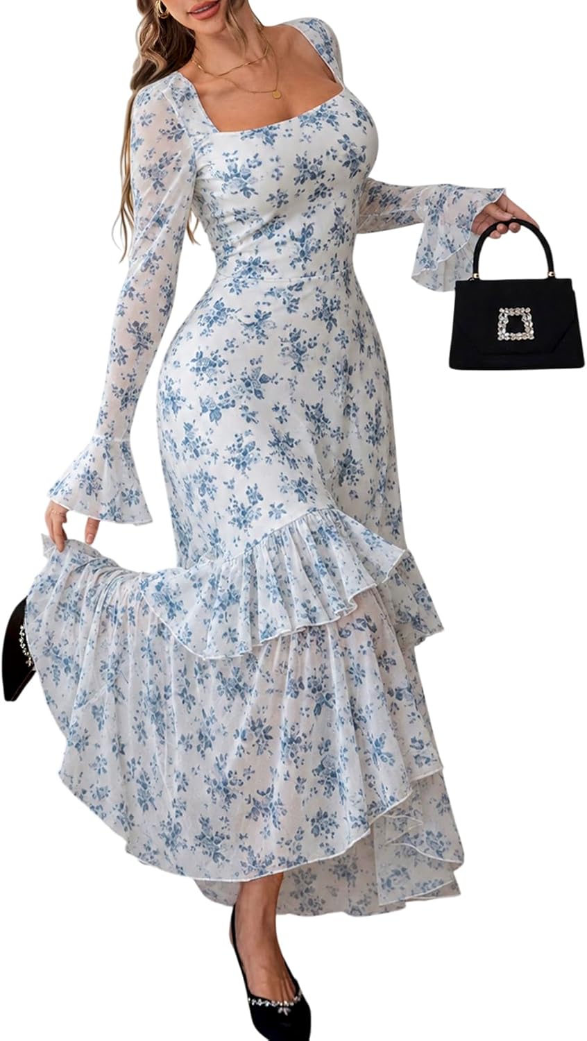 GothDark Women's Floral Mesh Square Neck Fall Wedding Guest Maxi Dress