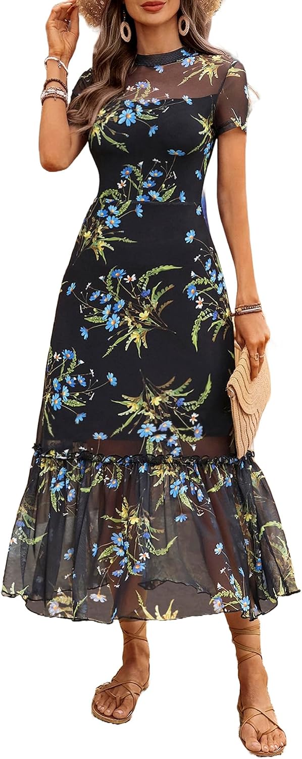 GothDark Women's Summer Floral Mesh Ruffle Casual Maxi Wedding Guest Dress