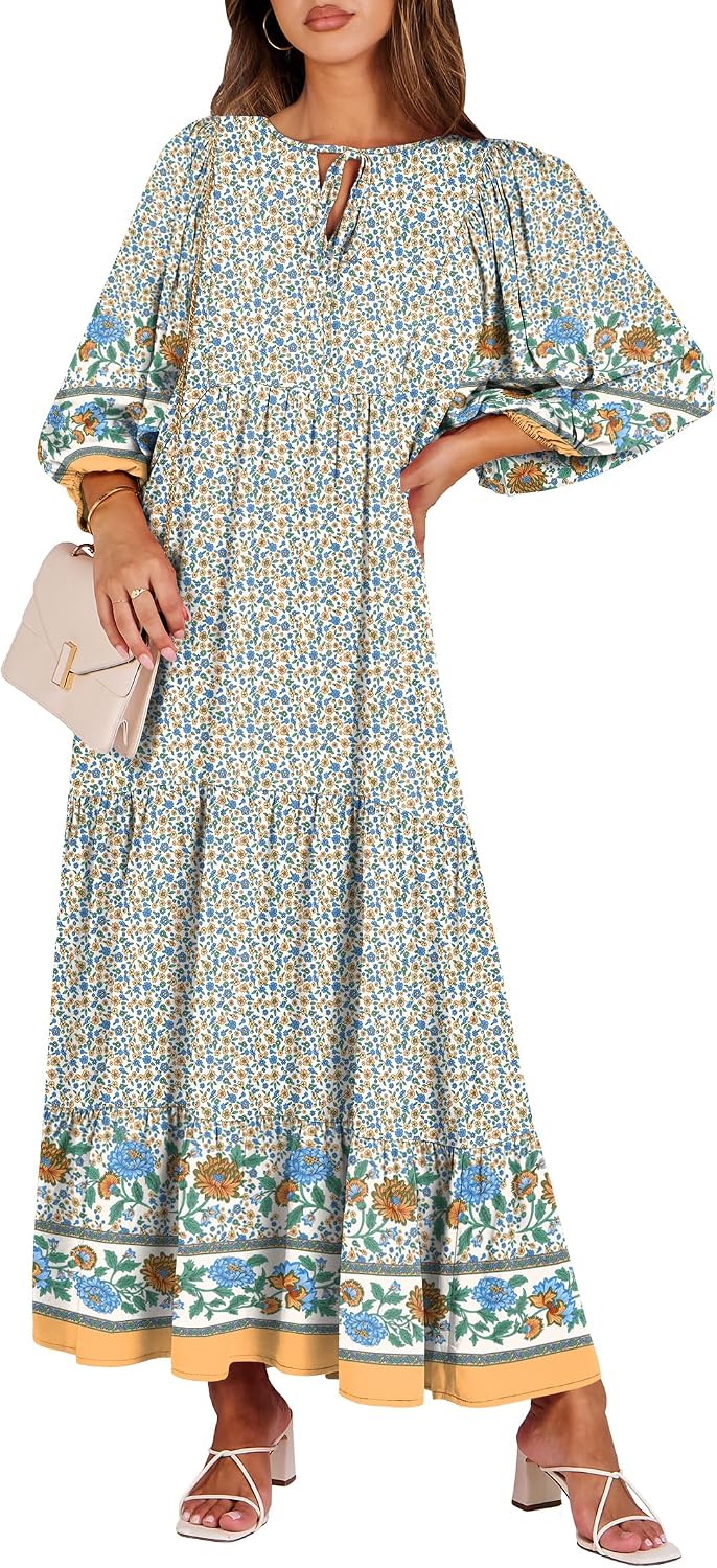 ANRABESS Womens Boho Floral 3/4 Puff Sleeve Maxi Dress