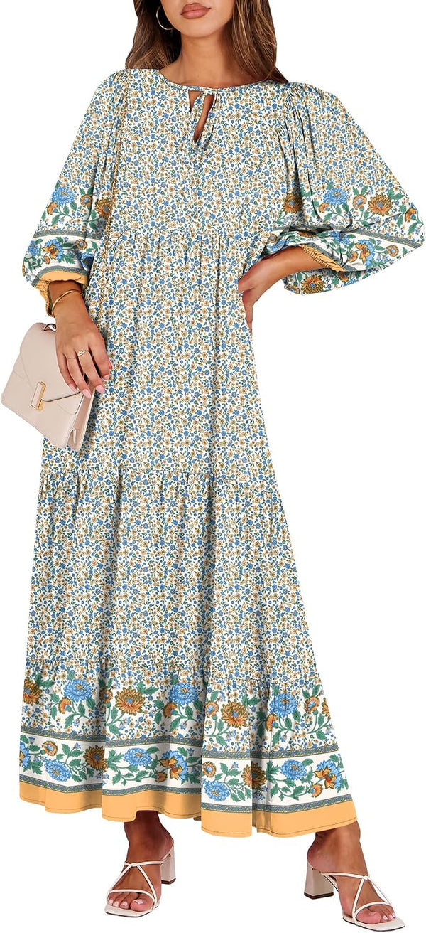 ANRABESS Womens Boho Floral 3/4 Puff Sleeve Maxi Dress