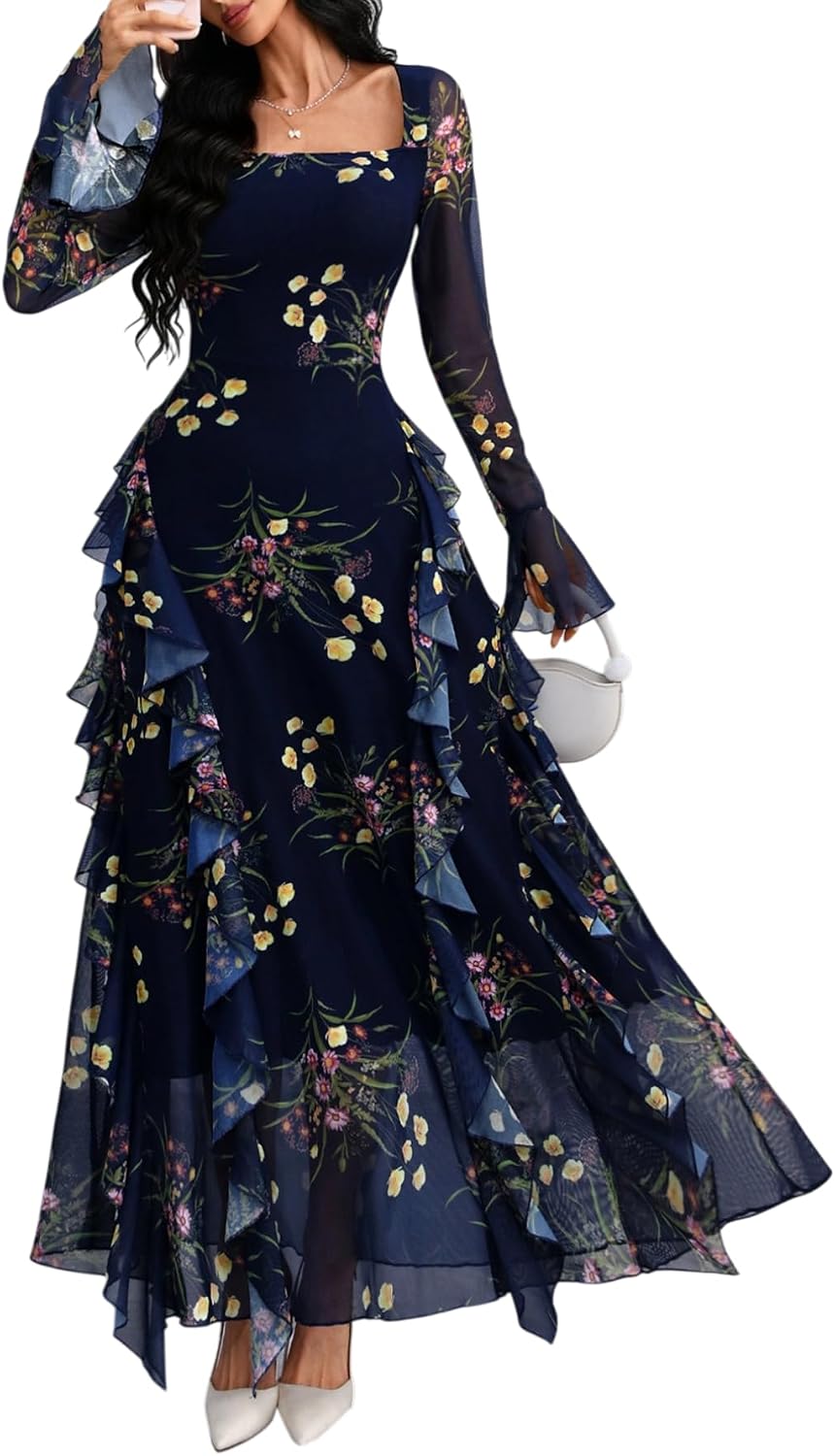 GothDark Women's Floral Dress Long Sleeve Square Neck Ruffle Party Outfit