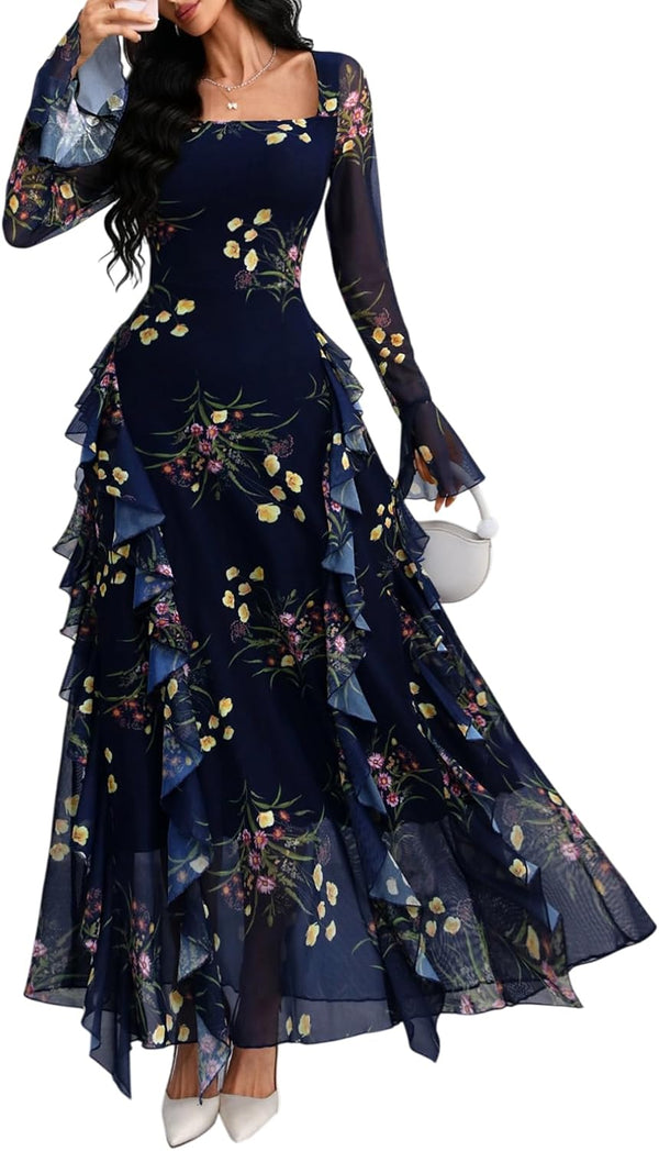 GothDark Women's Floral Dress Long Sleeve Square Neck Ruffle Party Outfit
