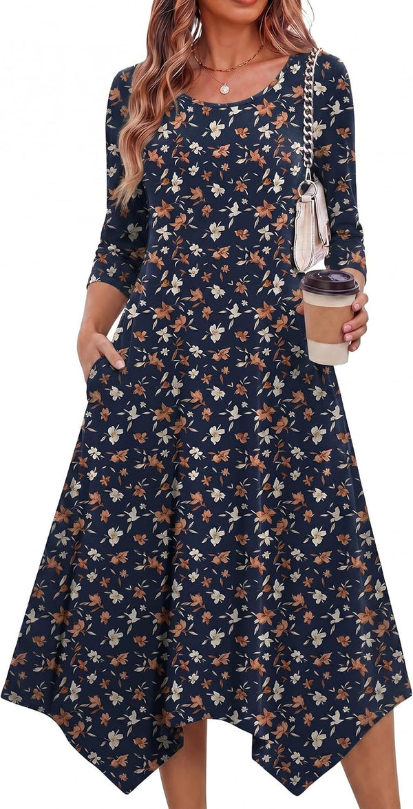 Zeagoo Midi Dresses Women 2026 Dress 3/4 Sleeve A Line Casual Dresses with Pockets