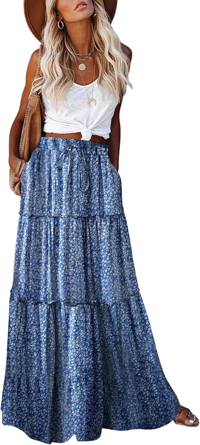 EARKOHA Womens Boho Maxi Skirt 2026 Summer Cruise Casual High Waist Tie Flowy Long Skirt with Pockets For Beach Vacation