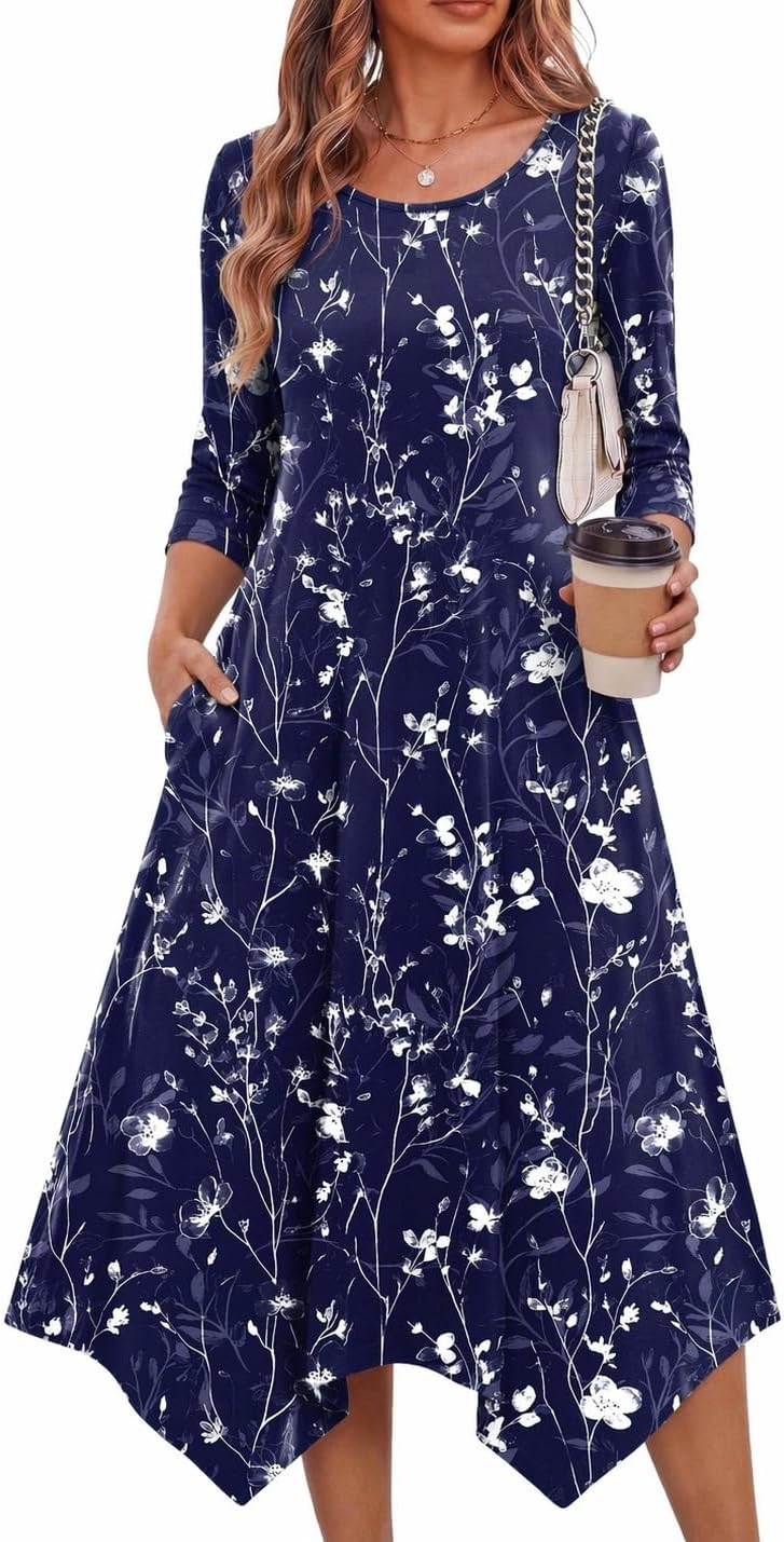 Zeagoo Midi Dresses Women 2026 Dress 3/4 Sleeve A Line Casual Dresses with Pockets