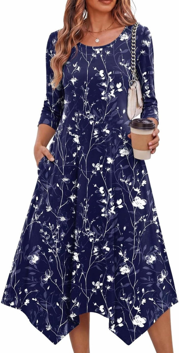 Zeagoo Midi Dresses Women 2026 Dress 3/4 Sleeve A Line Casual Dresses with Pockets
