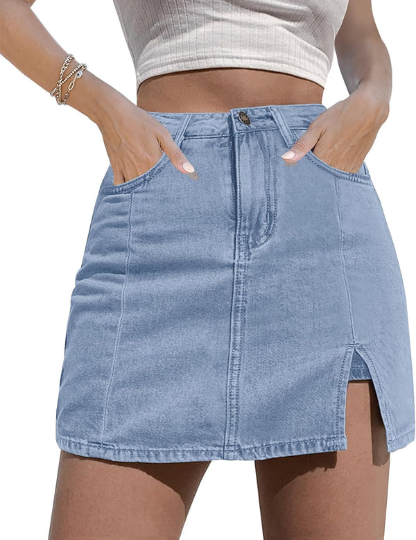 luvamia Jean Skort Women High Waisted Stretchy Denim Mini Skirt Side Slit | Jean Skirt with Shorts Underneath, Trendy, Stretch, Cute, Y2k, Denim Skorts, Jean Shorts, Country Concert Outfits for Women