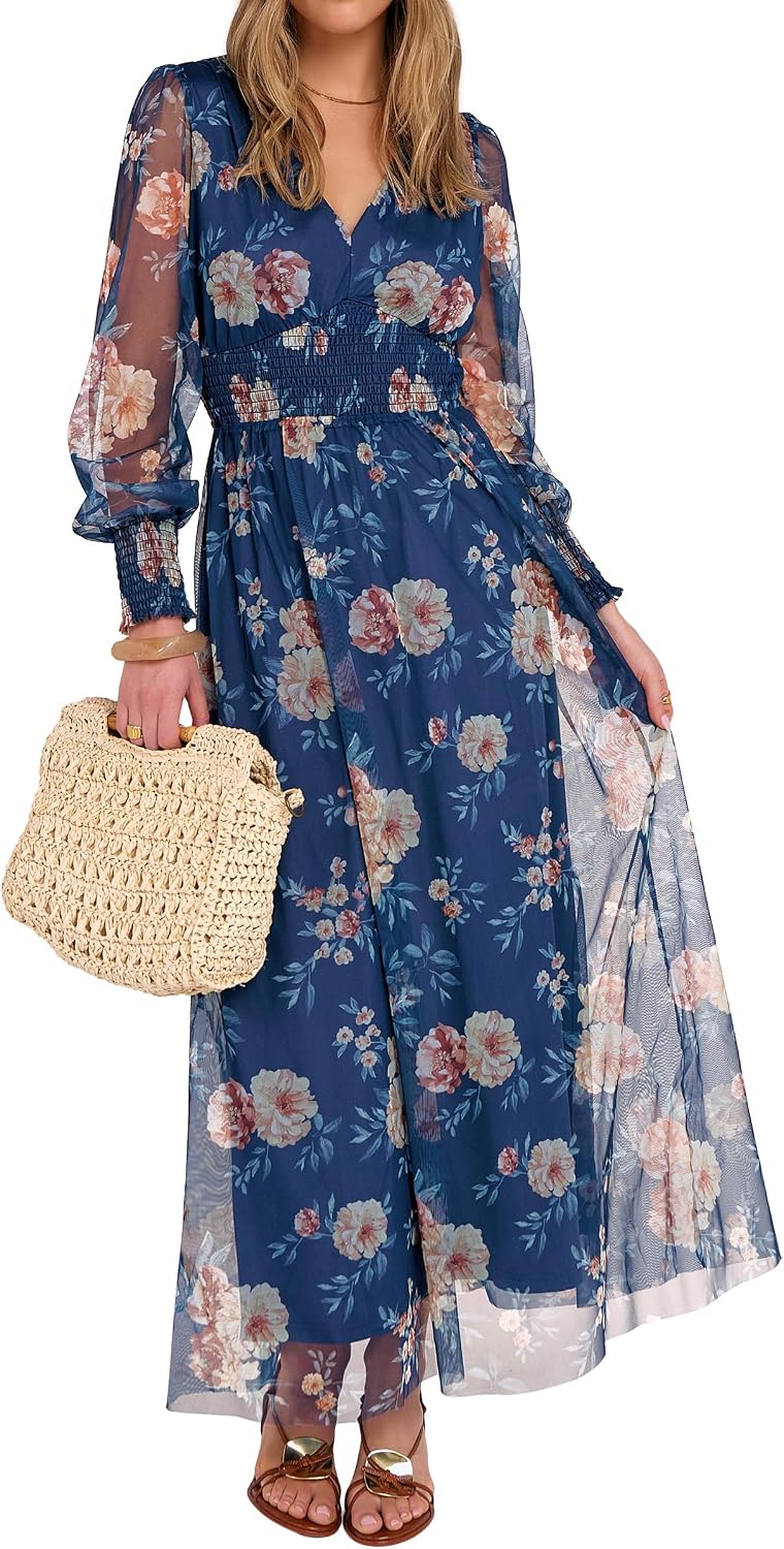 ANRABESS Women's Fall Wedding Guest Tulle Floral Long Sleeve Maxi Dress