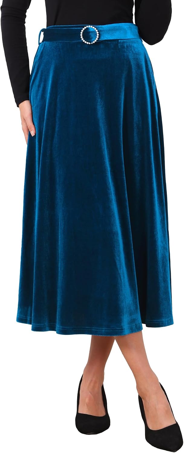 Women's Velvet High Waist A-Line Formal Long Skirt with Belt