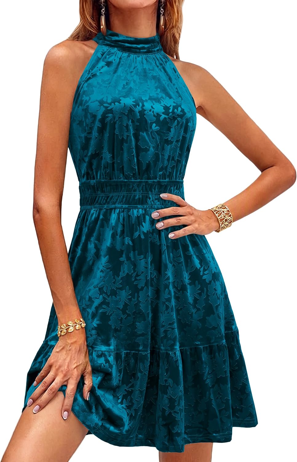Simplee Womens Velvet Halter Wedding Guest Cocktail Fall Winter Mini Dress