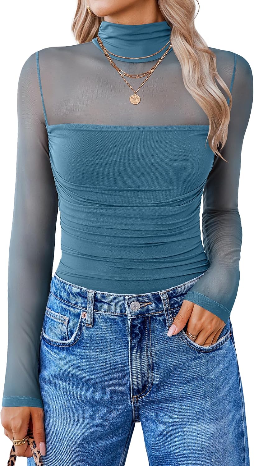 Avidlove Women Long Sleeve Bodysuit Turtle Neck Shapewear Body Suits Mesh One Piece Leotard Shirt Going Out Tops Fall Outfits