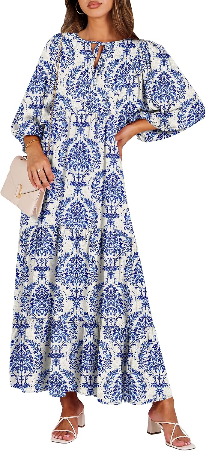 ANRABESS Womens Boho Floral 3/4 Puff Sleeve Maxi Dress