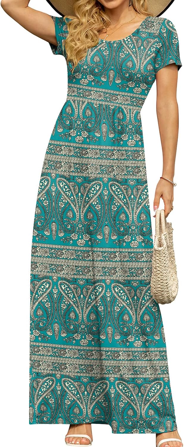 DB MOON Women's Summer Maxi Dress Casual Short Sleeve Empire Waist Pockets