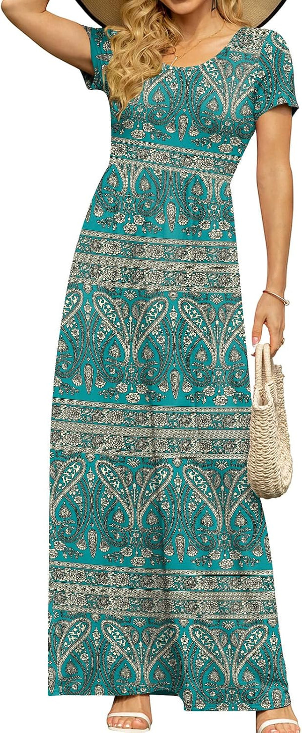 DB MOON Women's Summer Maxi Dress Casual Short Sleeve Empire Waist Pockets