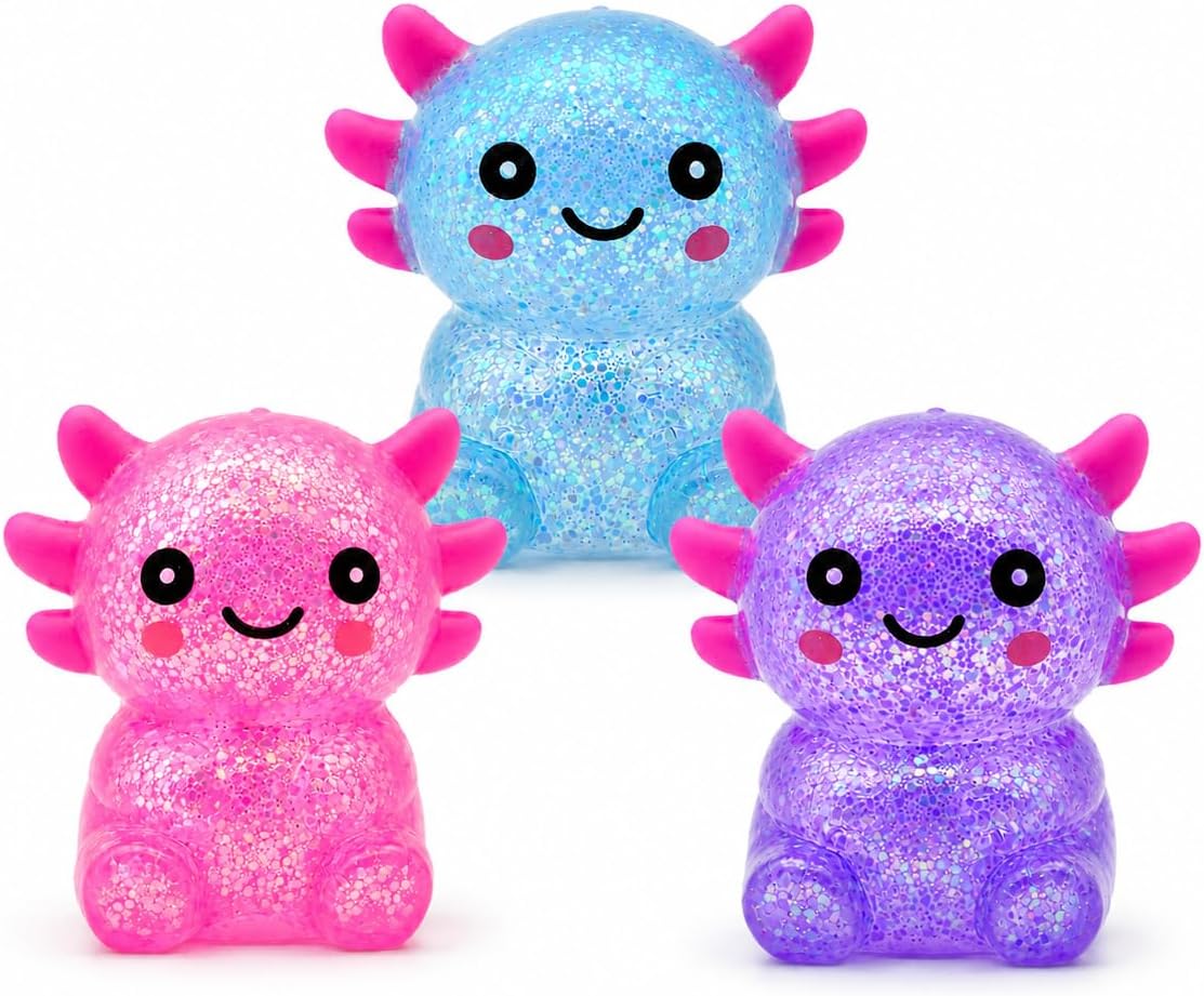 Axolotl Squishy Stress Relief Toy for Kids & Adults, Cute Glitter Sensory Fidget Toy, Soft Squeeze Toy for Anxiety Relief, Birthday Party Favor Gift (Purple)