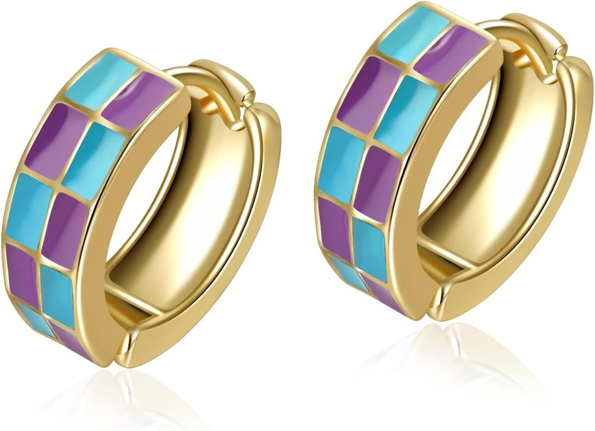Checker Cartilage Hoops Teacher Earrings for Women White Black Enamel Gold