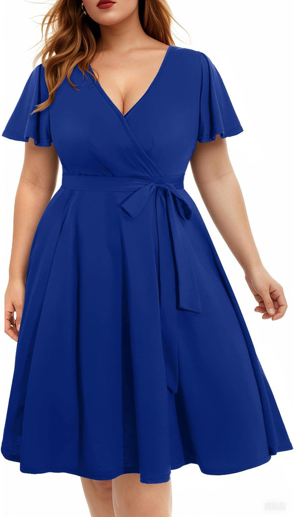 Pinup Fashion Plus Size Wedding Guest Semi Formal Cocktail Wrap Knee Dress | Knit, faux wrap v-neck, short ruffle sleeves, empire waist, removable belt, knee-length, wedding guest, semi formal, easter
