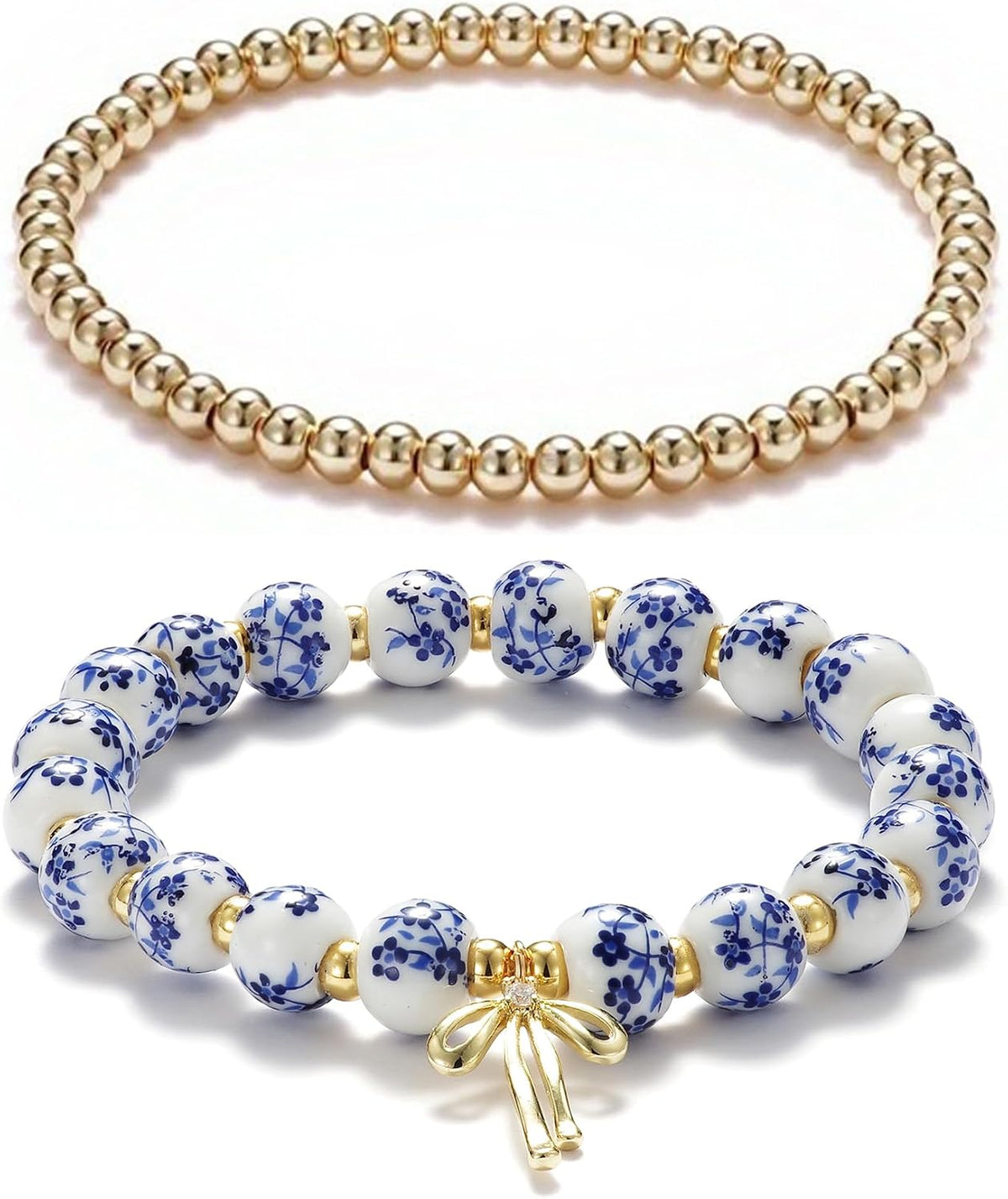 Beaded Bracelets for Women,Bow Charm Blue Flower Gold Plated Jewelry Women