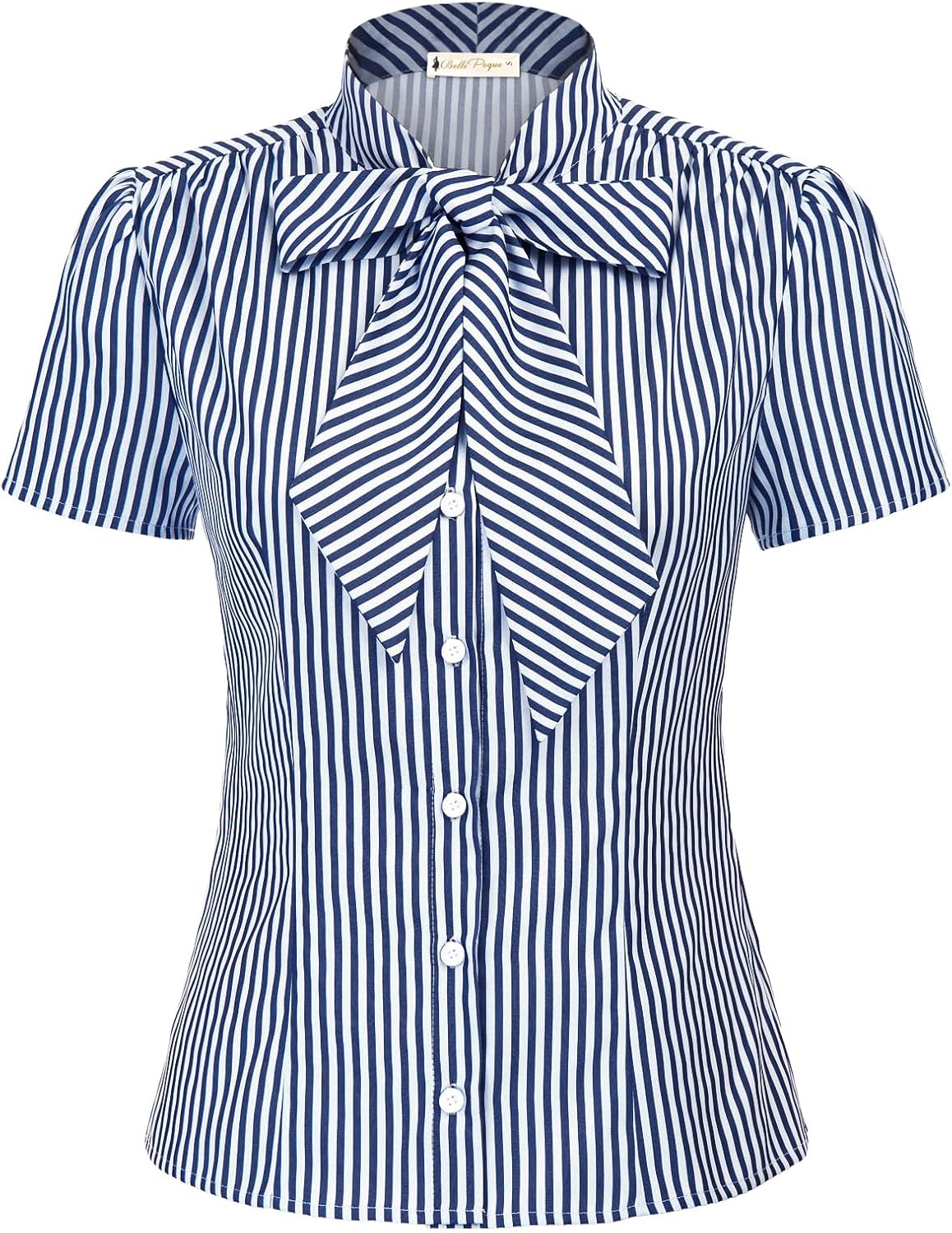 Belle Poque Women Dressy Casual Top Bow Tie Button Down Short Sleeve Blouse