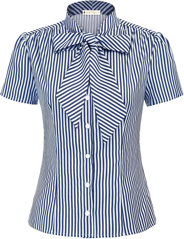 Belle Poque Women Dressy Casual Top Bow Tie Button Down Short Sleeve Blouse