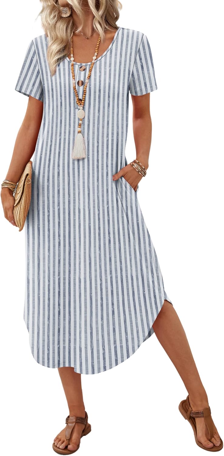 OFEEFAN Summer Dresses for Women 2026 Casual Midi Dresses Beach Vacation Outfits Tshirt Dress with Pockets Resort Wear