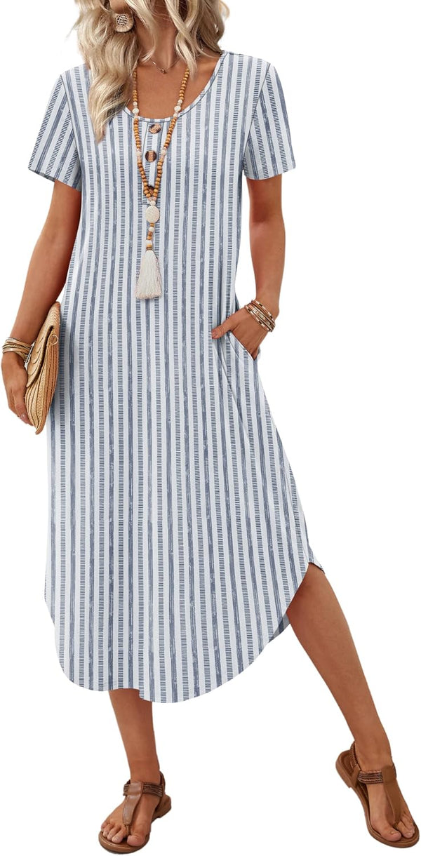 OFEEFAN Summer Dresses for Women 2026 Casual Midi Dresses Beach Vacation Outfits Tshirt Dress with Pockets Resort Wear