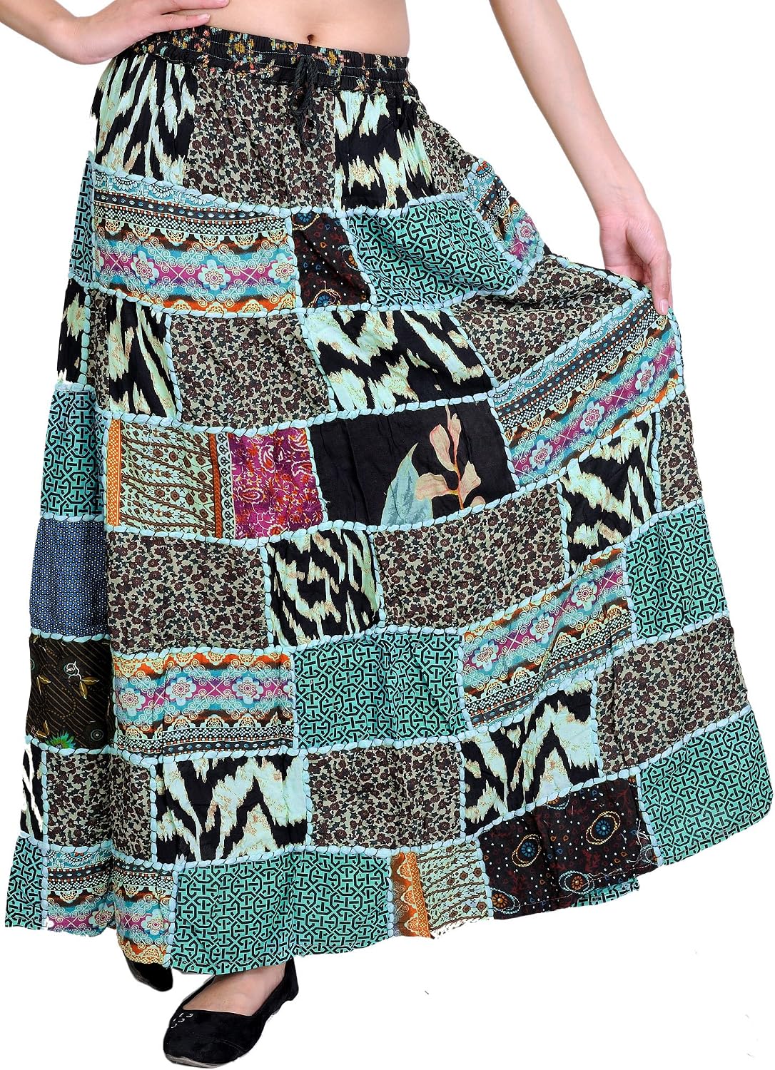 Exotic India Long Printed Dori Skirt from Gujarat with Patch Work - Rayon