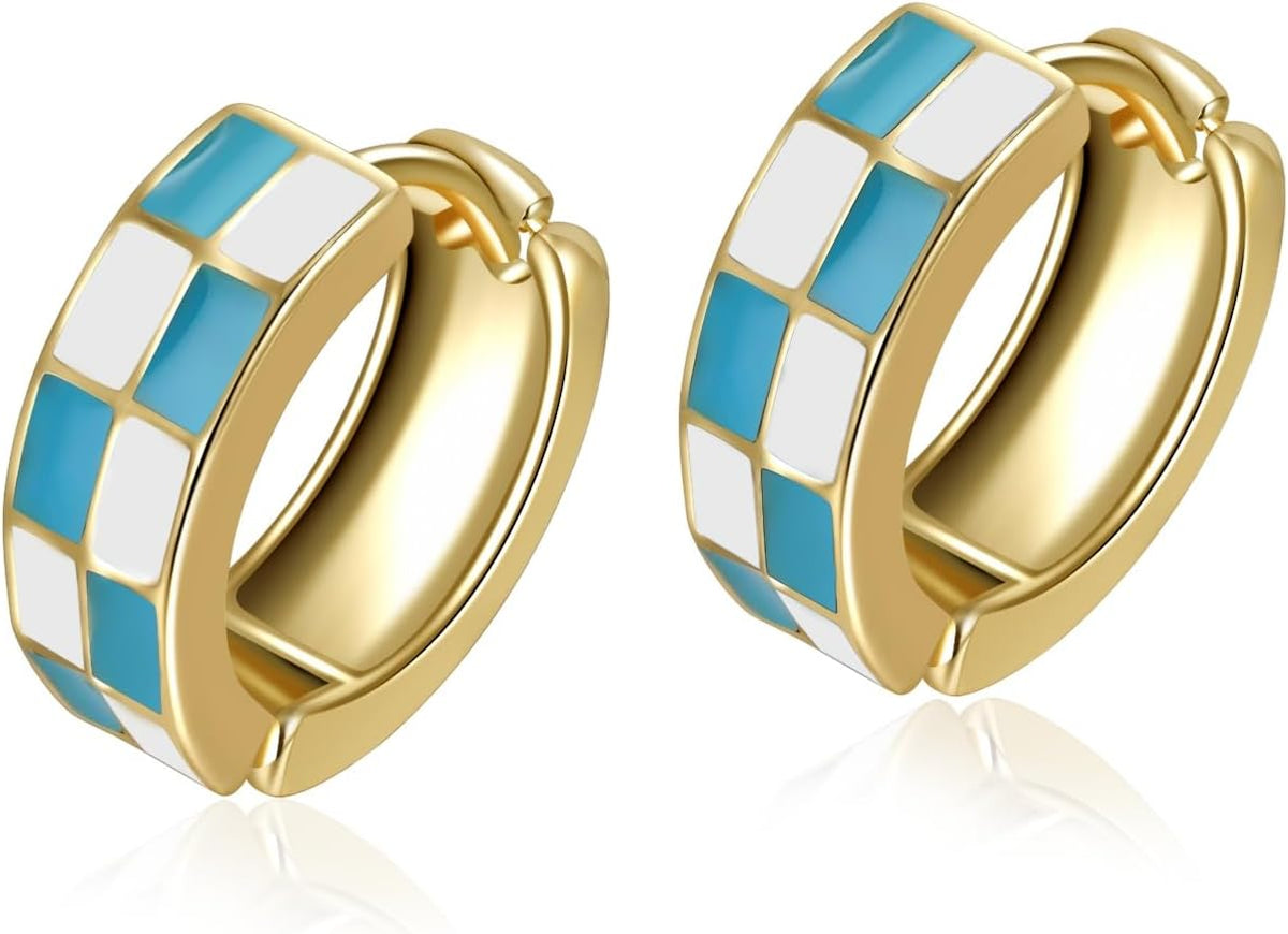 Checker Cartilage Hoops Teacher Earrings for Women White Black Enamel Gold