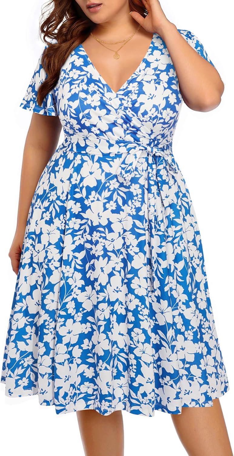 Pinup Fashion Plus Size Wedding Guest Semi Formal Cocktail Wrap Knee Dress | Knit, faux wrap v-neck, short ruffle sleeves, empire waist, removable belt, knee-length, wedding guest, semi formal, easter
