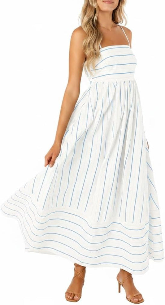 chouyatou Women's Striped Back Smocked Maxi Dress Sexy Spaghetti Strap Cut Out Flowy Swing Long Dress