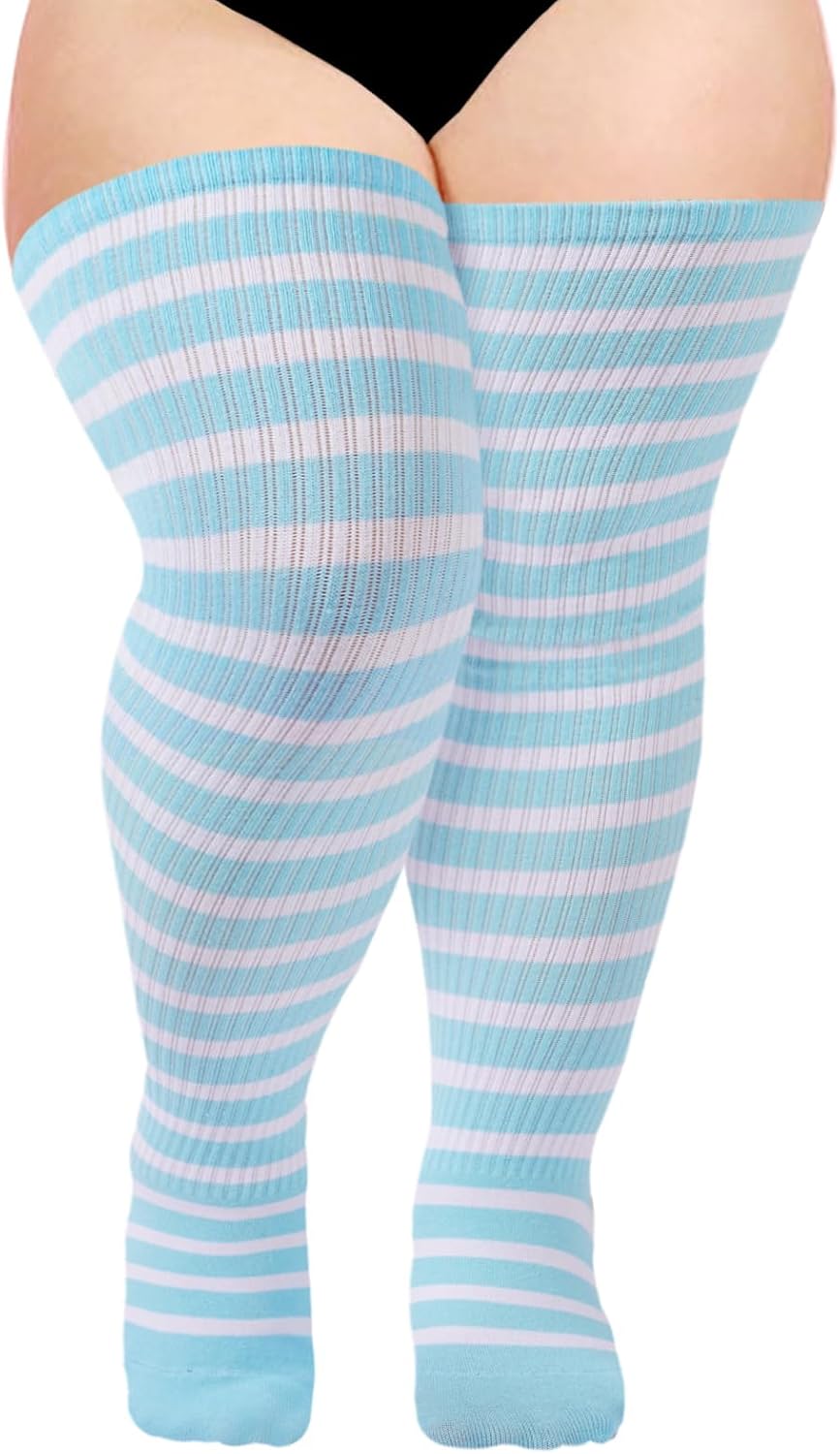 Moon Wood Plus Size Thigh High Socks for Women Knit Cotton Extra Long Striped Over the Knee High Socks Leg Warmers
