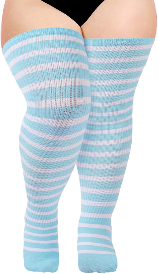 Moon Wood Plus Size Thigh High Socks for Women Knit Cotton Extra Long Striped Over the Knee High Socks Leg Warmers