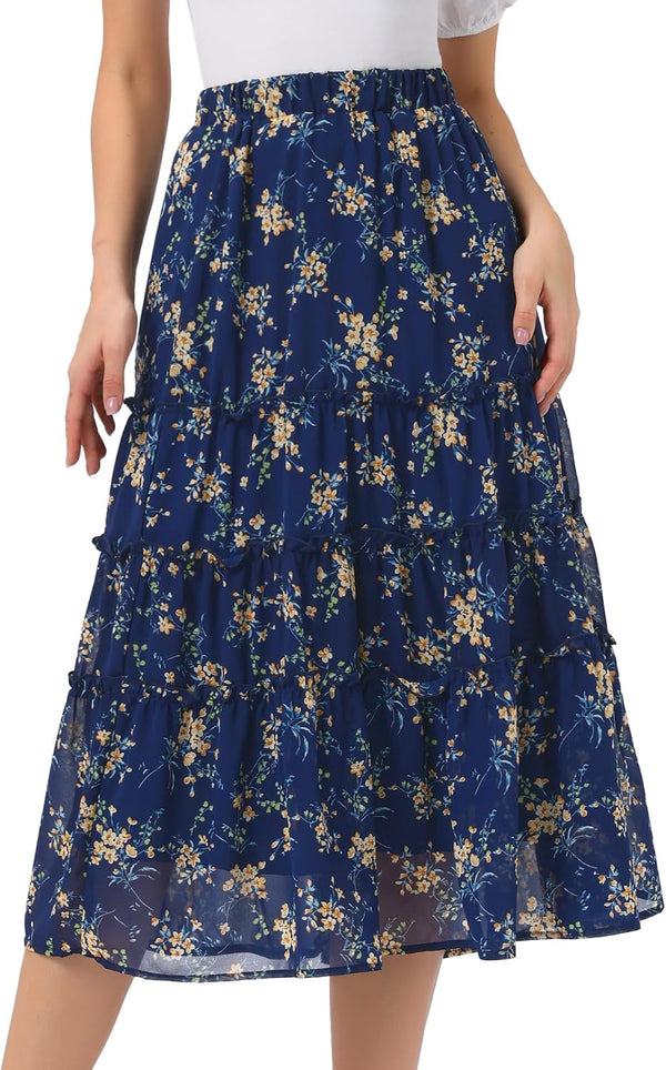 Allegra K Women's Floral Skirt Chiffon A-line Long Tiered Ruffle Maxi Skirt