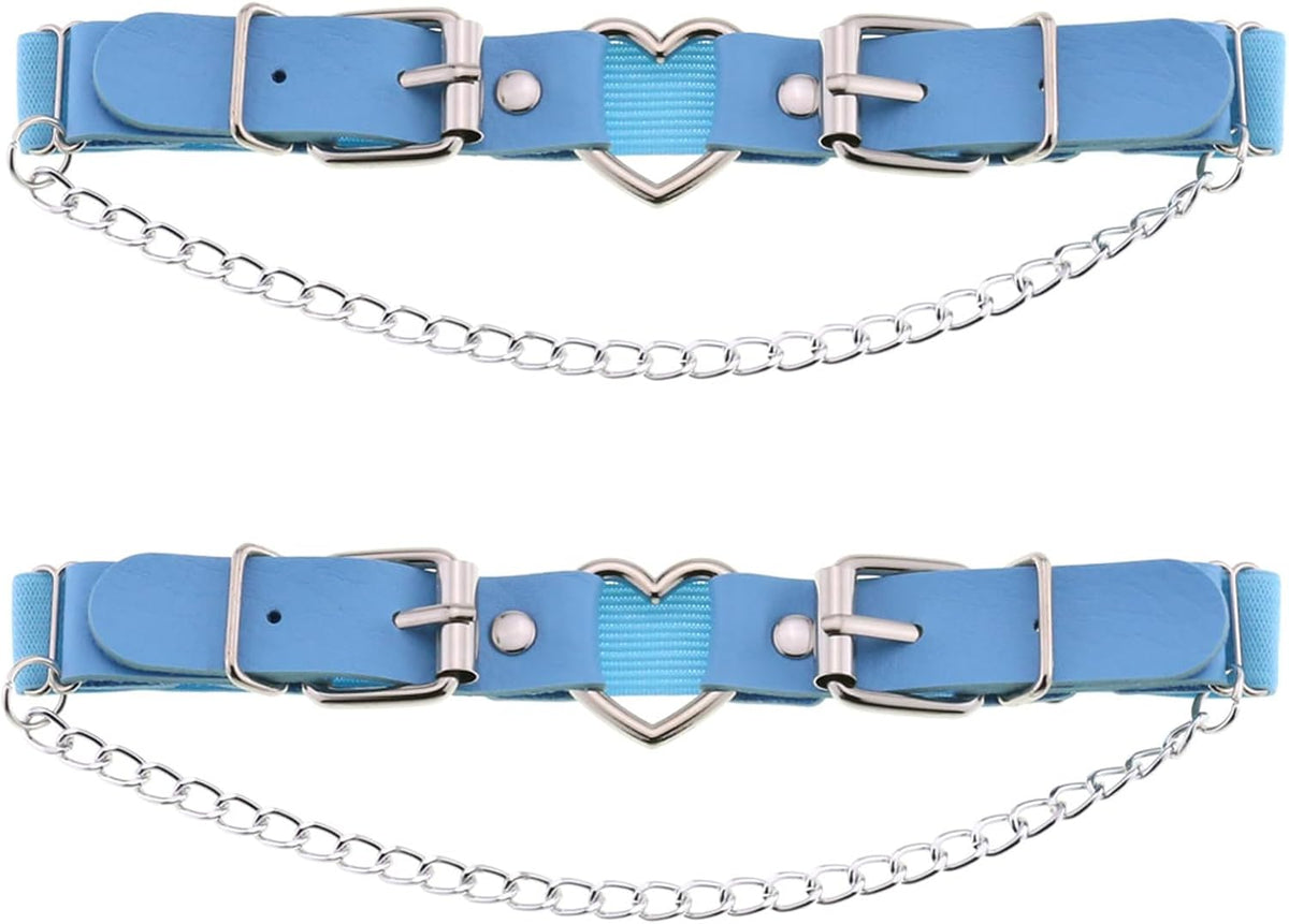 2PCs Leather Leg Garter with Chains, Elastic Rock Heart Thigh Garter for Women