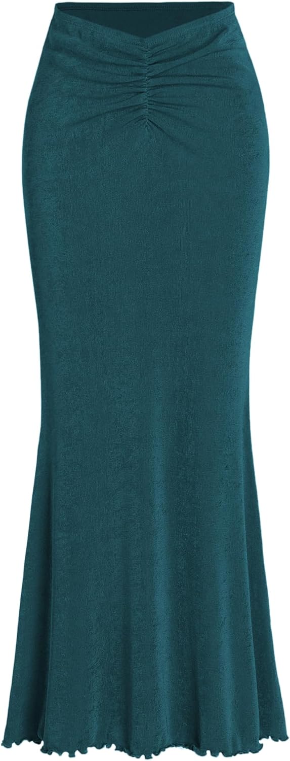 CIDER High Waist Skirts for Women Mermaid Skirt Fishtail Ruched Bodycon Long Maxi Skirt Lettuce Trim Stretchy