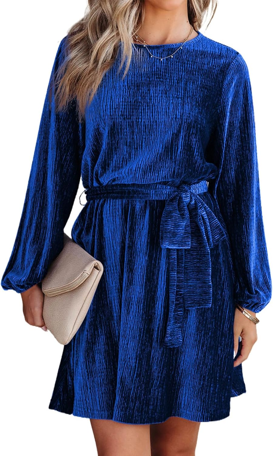 Happy Sailed Women's Velvet Dress Lantern Sleeve High Waist A-Line Skater Cocktail Party Dresses with Belt Business wear