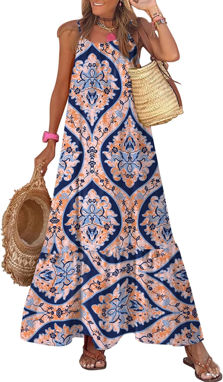 Dokotoo Women Summer Dresses Scoop Neck Ruffle Flowy Boho Maxi Dress