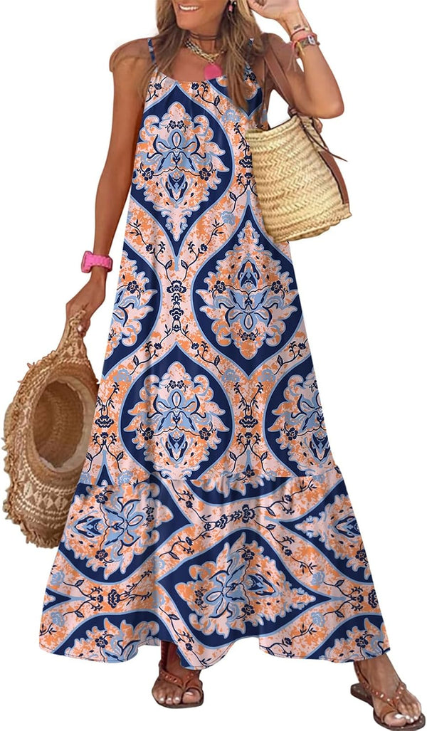 Dokotoo Women Summer Dresses Scoop Neck Ruffle Flowy Boho Maxi Dress
