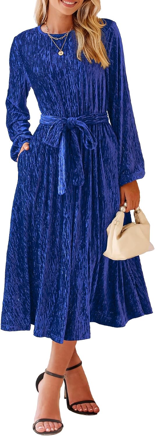 Happy Sailed Women's Velvet Dress Fashion Fall Winter Long Sleeve High Waist A-Line Semi Formal Wedding Guest Dresses