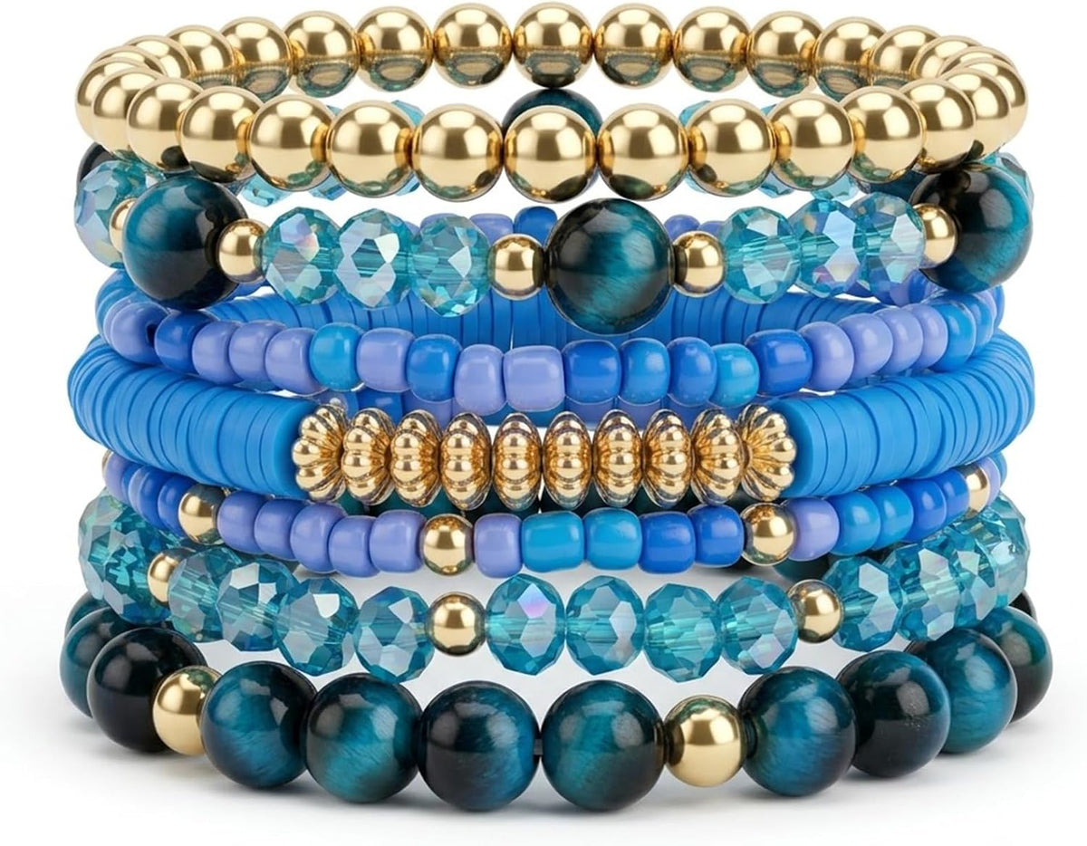 Bohemian Stackable Beaded Bracelets for Women, Multilayer Stretch Bead Bracelet Set, Vintage Boho Stacking Bracelets, Bohemian Jewelry Gifts for Women (Black)