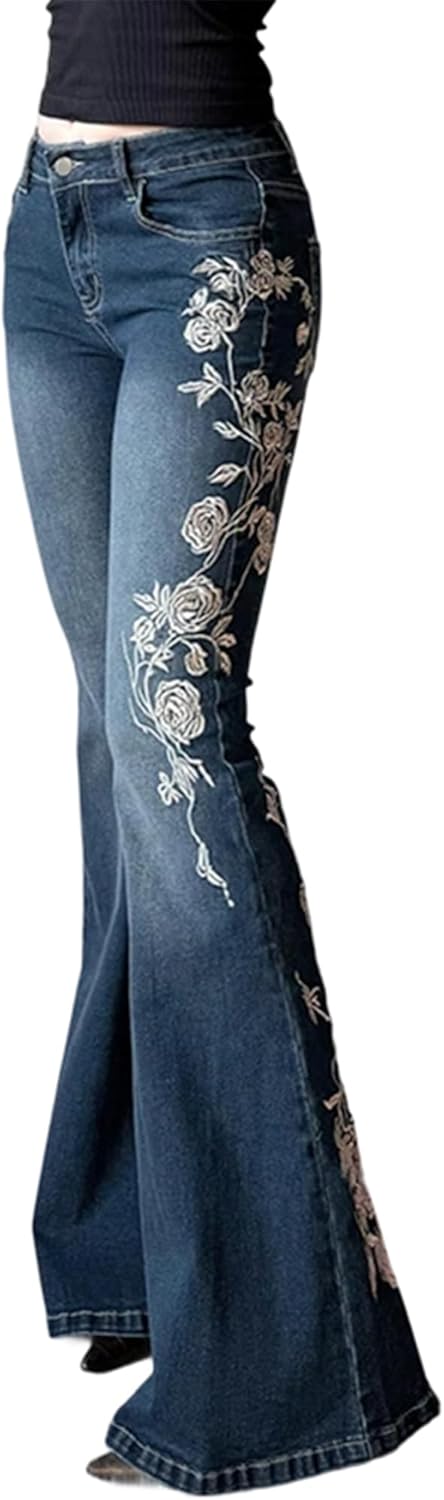 Women Bell Bottom Jeans Stretchy Flare Mid Rise Embroidery Vintage
