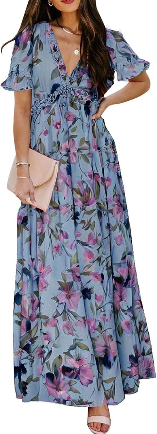 BLENCOT Womens Casual Boho Floral Printed V Neck Short Sleeve Long Evening Dress Ruched Cocktail Party Maxi Wedding Dress Secondary image