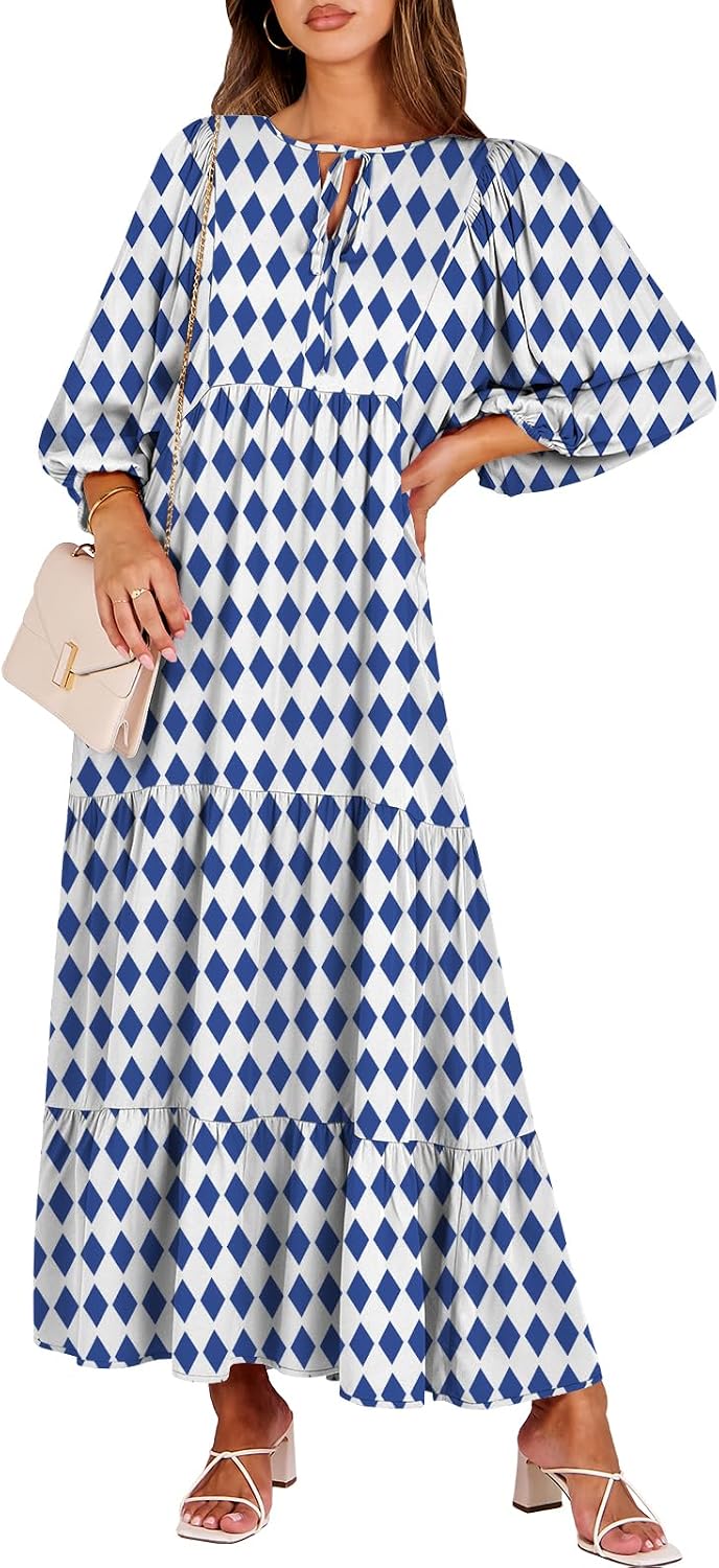 ANRABESS Womens Boho Floral 3/4 Puff Sleeve Maxi Dress