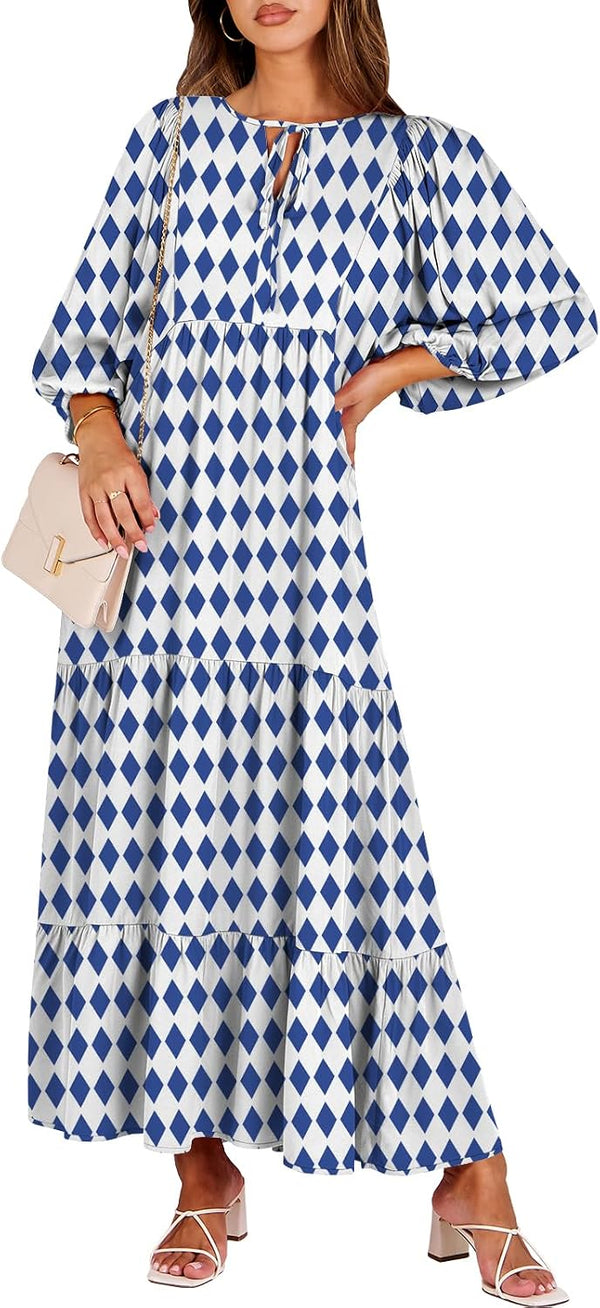 ANRABESS Womens Boho Floral 3/4 Puff Sleeve Maxi Dress
