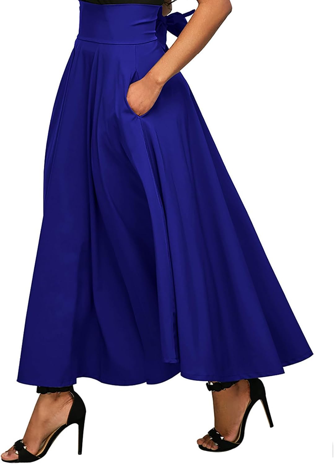 Women’s High Waist Pleated Maxi Skirt with Pockets, Solid Split Flowy Skirt