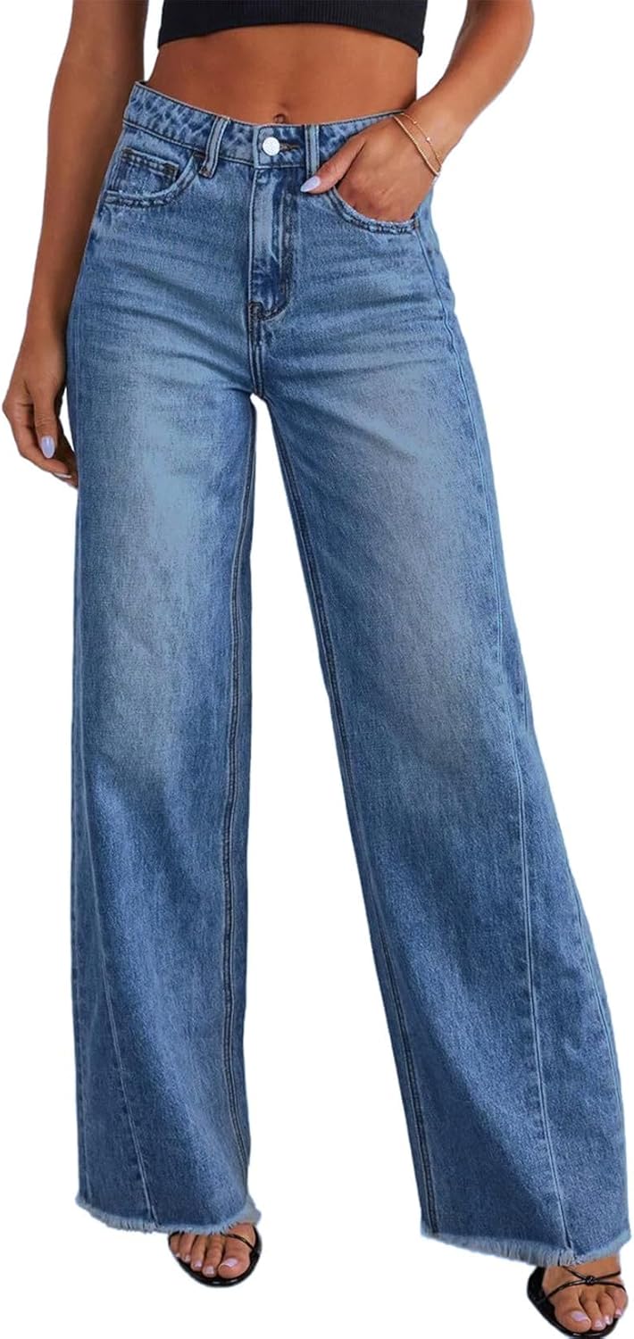 Sidefeel Women's Wide Leg Jeans High Waisted Stretchy Raw Hem