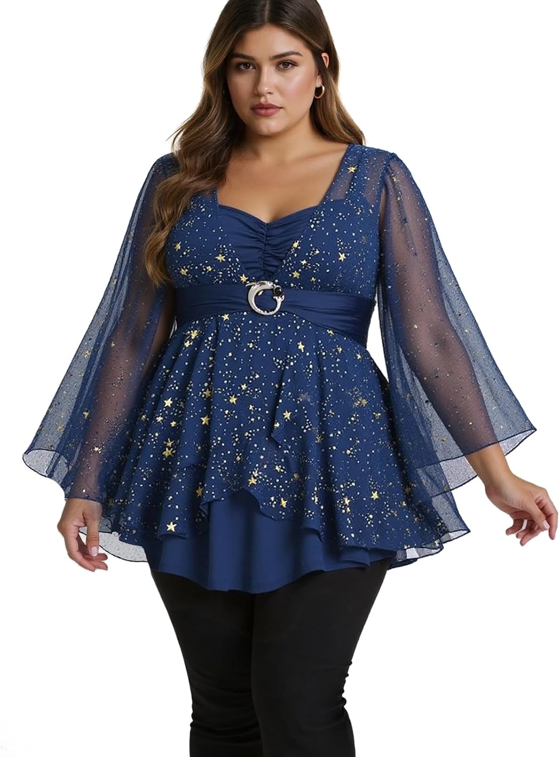 Rosegal Women Plus Size Sparkly Star Bell Sleeve Top