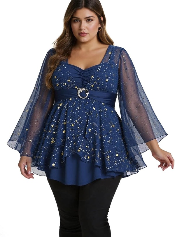 Rosegal Women Plus Size Sparkly Star Bell Sleeve Top