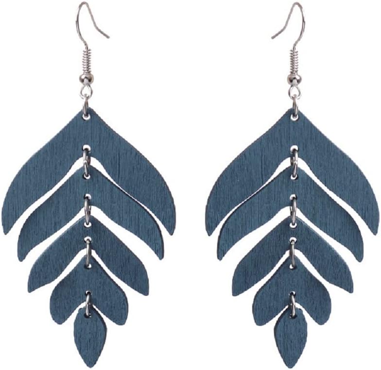 Wooden Palm Leaf Drop Dangle Earrings