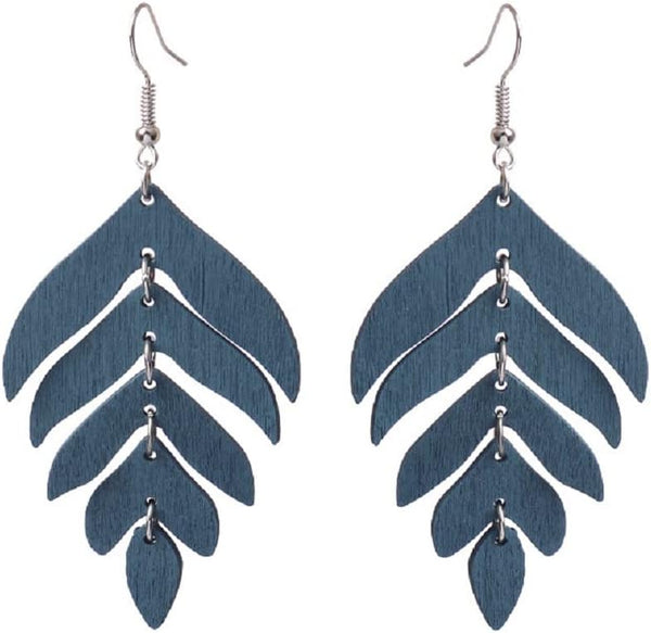 Wooden Palm Leaf Drop Dangle Earrings